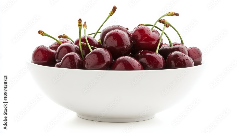 A mouthwatering bowl of ripe cherries, each one plump and glistening with freshness, Set against an isolated white background to showcase their juicy appeal A mouthwatering bowl of ripe cherries, each one plump and glistening with freshness, Set against an isolated white background to showcase their juicy appeal