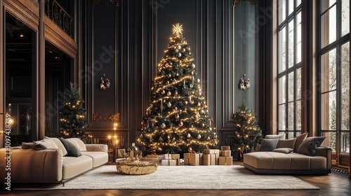 Elegant Christmas Living Room Decorated With A Large Tree