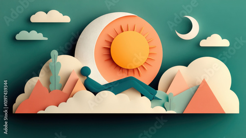 Emotional Balance. A serene, colorful scene depicting a figure lounging among stylized clouds, a sun, and mountains, evoking relaxation and tranquility.
