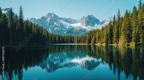 Serene Alpine Lake Reflecting Majestic Snow-Capped Mountains and Evergreen Forest - Stunning Nature Photography