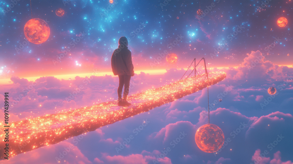 Fototapeta premium Emotional Balance. A figure stands on a glowing path amidst colorful planets and clouds, evoking a sense of wonder in a cosmic, dreamlike landscape.
