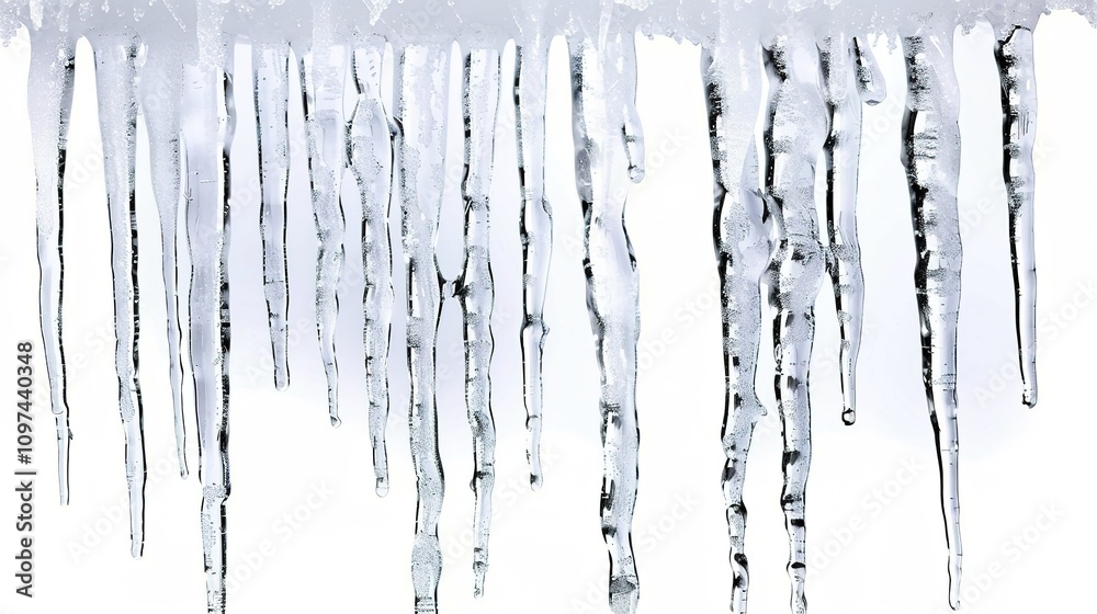Icicles Isolated on White Background - A Captivating Winter Scene of Frozen Beauty. The Glistening Icicles, Hanging Gracefully, Standing Out Against the Purity of White. Their Sharp and Delicate Forms Icicles Isolated on White Background - A Captivating Winter Scene of Frozen Beauty. The Glistening Icicles, Hanging Gracefully, Standing Out Against the Purity of White. Their Sharp and Delicate Forms