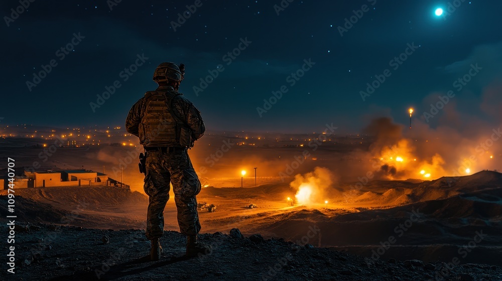 Silhouette of a Soldier Observing Nighttime Combat Operations Under a Starry Sky - Dramatic War Scene Stock Photo Silhouette of a Soldier Observing Nighttime Combat Operations Under a Starry Sky - Dramatic War Scene Stock Photo