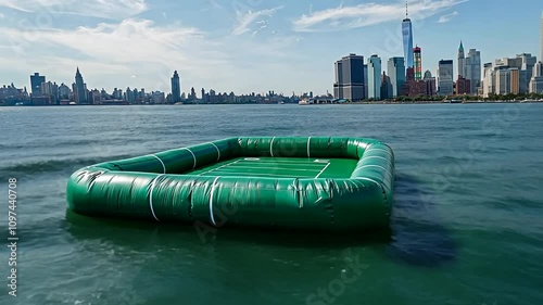 Wallpaper Mural An inflatable green platform floating on water with a city skyline in the background. Torontodigital.ca