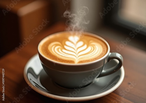 Warm coffee cup with latte art on wooden table in cozy cafe setting
