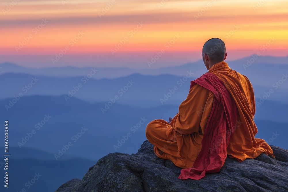 Serene Monk Meditating at Sunrise on Mountain Peak Spiritual Tranquility and Peaceful Mindfulness Serene Monk Meditating at Sunrise on Mountain Peak Spiritual Tranquility and Peaceful Mindfulness
