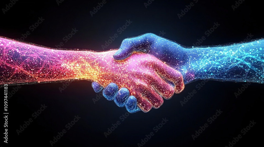 Digital handshake symbolizing collaboration. Digital handshake symbolizing collaboration.