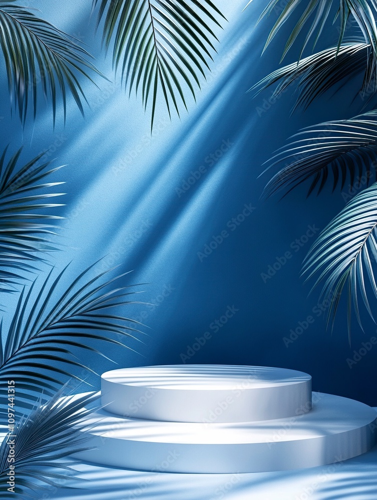 Abstract blue background with shadow of palm leaves for the presentation of a cosmetic product. A scene with a geometric backdrop. Abstract blue background with shadow of palm leaves for the presentation of a cosmetic product. A scene with a geometric backdrop.