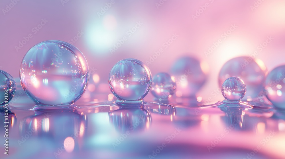 Iridescent Glass Spheres on a Pink and Blue Gradient Background Abstract 3D Render of Reflective Bubbles with Soft Lighting. Iridescent Glass Spheres on a Pink and Blue Gradient Background Abstract 3D Render of Reflective Bubbles with Soft Lighting.