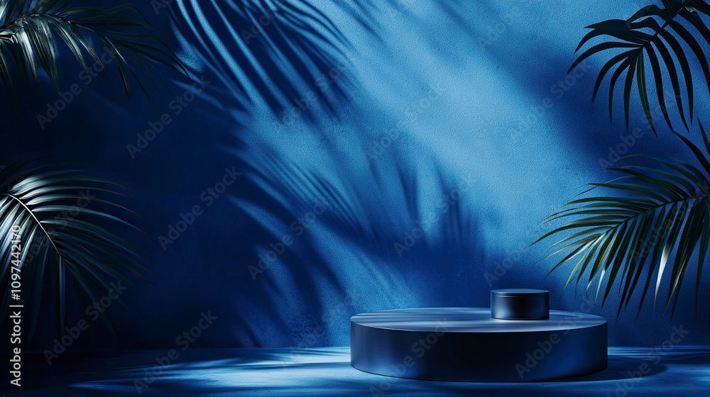 Abstract blue background with shadow of palm leaves for the presentation of a cosmetic product. A scene with a geometric backdrop. Abstract blue background with shadow of palm leaves for the presentation of a cosmetic product. A scene with a geometric backdrop.