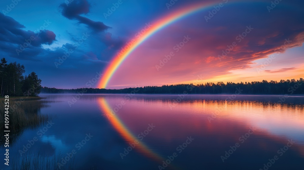 Stunning Sunset Rainbow Reflection on Calm Lake with Forest Silhouette - Serene Nature Photography Stunning Sunset Rainbow Reflection on Calm Lake with Forest Silhouette - Serene Nature Photography