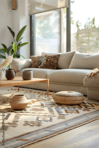 Modern Minimalist Living Room with Handwoven Geometric Pattern Rug and Natural Light