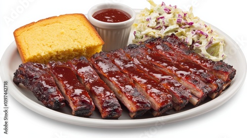 A mouthwatering plate of barbecue ribs with smoky barbecue sauce, served with cornbread and coleslaw, Each rib's fall-off-the-bone tenderness and tangy sauce captured with precision