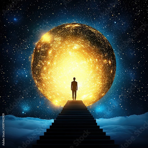 A figure standing before a radiant cosmic portal.