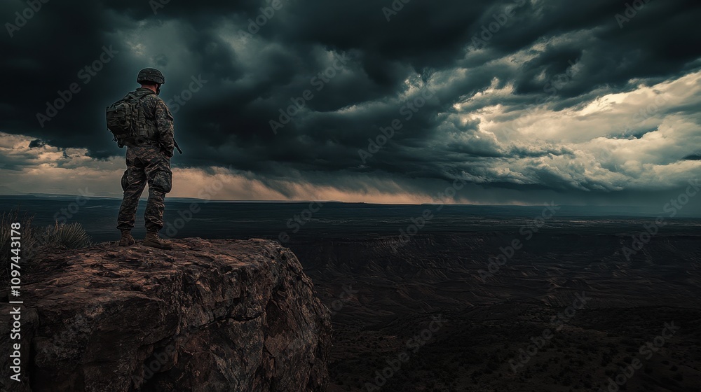 Lone Soldier on Clifftop, Dramatic Stormy Landscape, Military Figure, Desolate Vista, Epic Cloudscape Lone Soldier on Clifftop, Dramatic Stormy Landscape, Military Figure, Desolate Vista, Epic Cloudscape