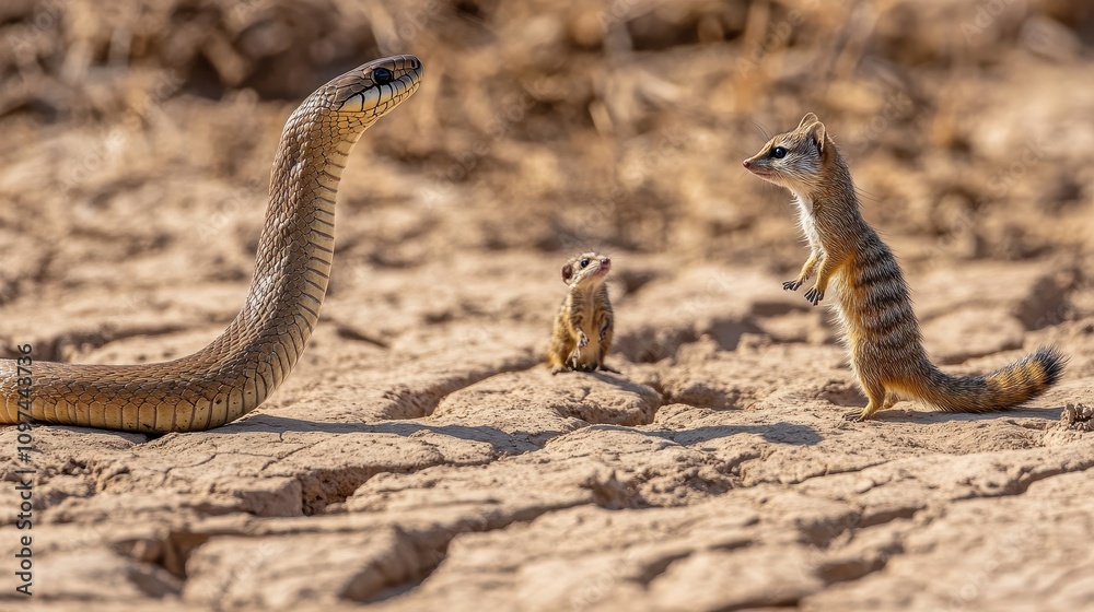 Fototapeta premium African Snake and Two Dwarf Mongoose Facing Off in Arid Landscape - Wildlife Encounter in the Wild