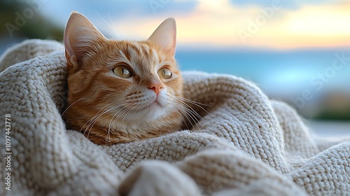 A cozy orange cat rests peacefully wrapped in a soft blanket, gazing thoughtfully at a serene outdoor scene.