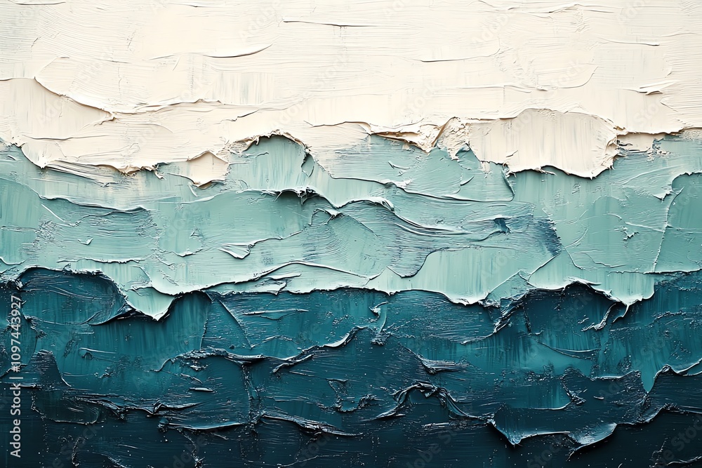 Abstract painting of layered ocean waves in shades of blue and white. Abstract painting of layered ocean waves in shades of blue and white.