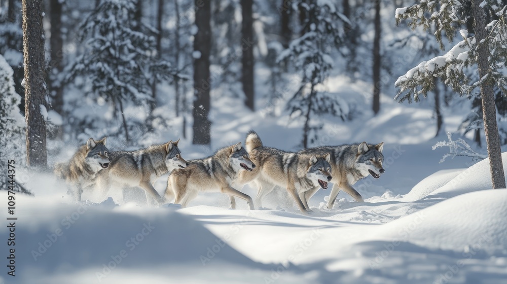 Naklejka premium Majestic Pack of Wolves Running Through a Snowy Winter Forest - Wildlife Photography