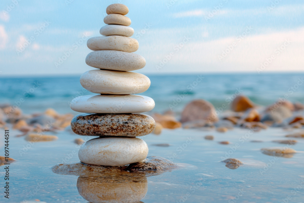Fototapeta premium Emotional Balance. A serene stack of smooth stones balances on a beach, with calm waters and a clear sky in the background, evoking tranquility and harmony.