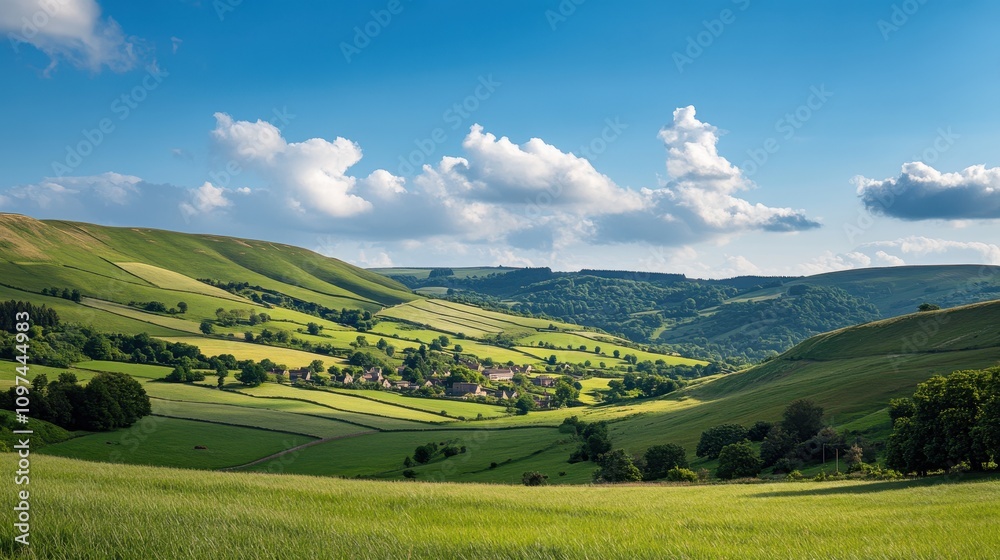 Naklejka premium Idyllic English Countryside Village Nestled in Rolling Green Hills Under a Blue Sky - Stunning Landscape Photography