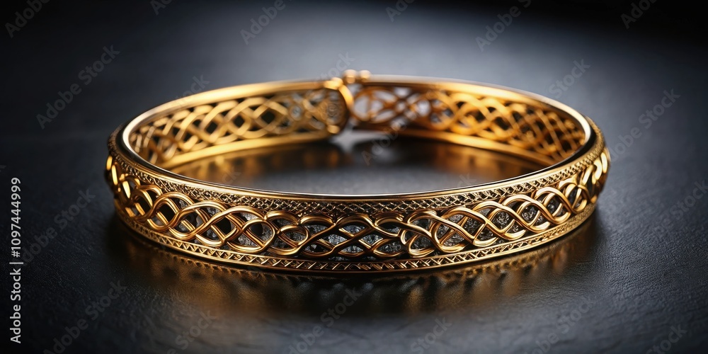 A golden bracelet with intricate knotwork design, reflecting light on a dark surface A golden bracelet with intricate knotwork design, reflecting light on a dark surface