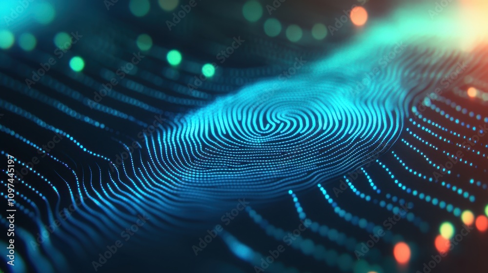 Abstract Fingerprint Biometric Security Data, Digital Identity, Cybersecurity Concept - Glowing Blue Particle Wave Background