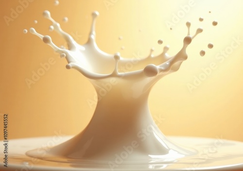 Milk splash creating a mesmerizing effect on a pale surface in soft lighting photo