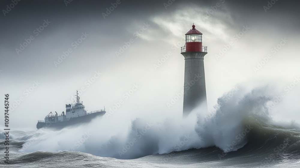 A lighthouse guiding a ship through stormy seas, safety, guidance, protection, safe passage A lighthouse guiding a ship through stormy seas, safety, guidance, protection, safe passage