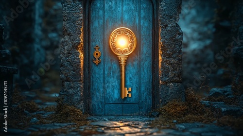 A key unlocking a door leading to a bright, unknown future, symbolizing opportunity and potential photo