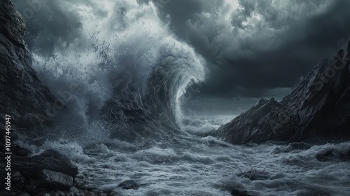 Dramatic Ocean Wave Crashing on Rocky Coastline under a Dark Stormy Sky - Powerful Nature Photography