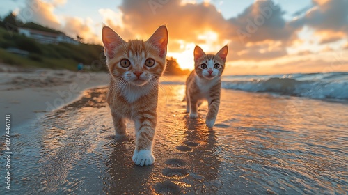 Two playful kittens walk along a sunlit beach, their reflections shimmering in the water as the sun sets behind them.