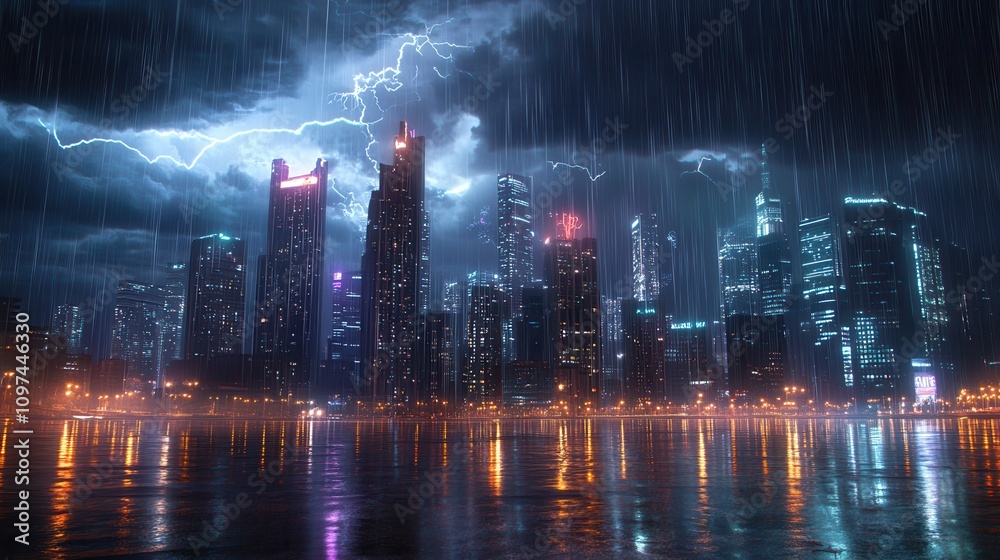 Dramatic Night Cityscape Lightning Storm Over Illuminated Skyscrapers Reflecting on Rain-Soaked Waterfront Dramatic Night Cityscape Lightning Storm Over Illuminated Skyscrapers Reflecting on Rain-Soaked Waterfront