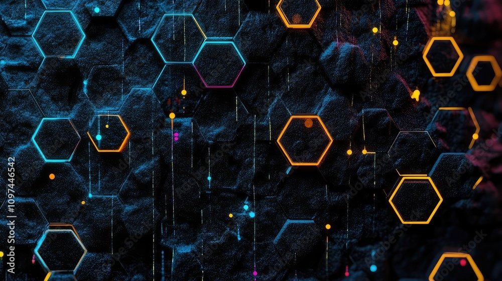 Obraz premium Stylized hexagon data grid with vibrant colors, showing interconnected data points over a dark, minimalist background