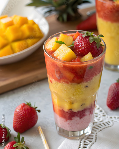 Layered fruit smoothie with vibrant colors and fresh fruits like strawberries and mangoes, served in tall glass, perfect for refreshing treat