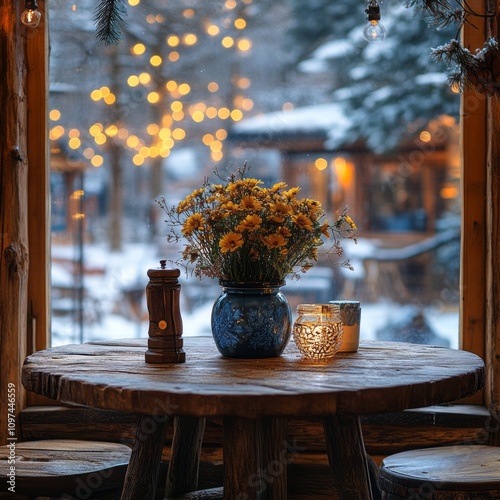 Winter Window Scene with Fl...