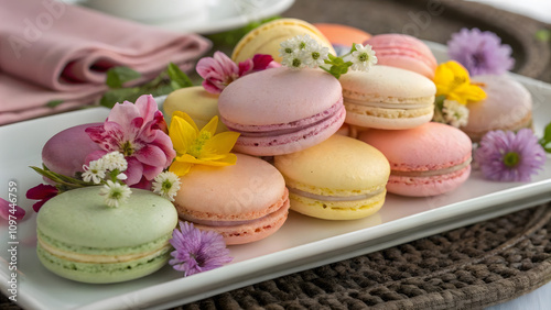 glossy arrangement of colorful macarons on ceramic plate, beautifully garnished with fresh flowers, creating delightful and vibrant dessert display