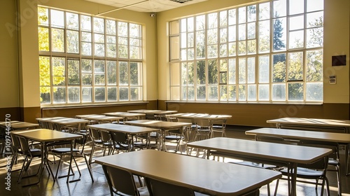 Empty school cafeteria tables during off-peak hours, a serene moment of reflection on the passage of time and the transient nature of youth.
