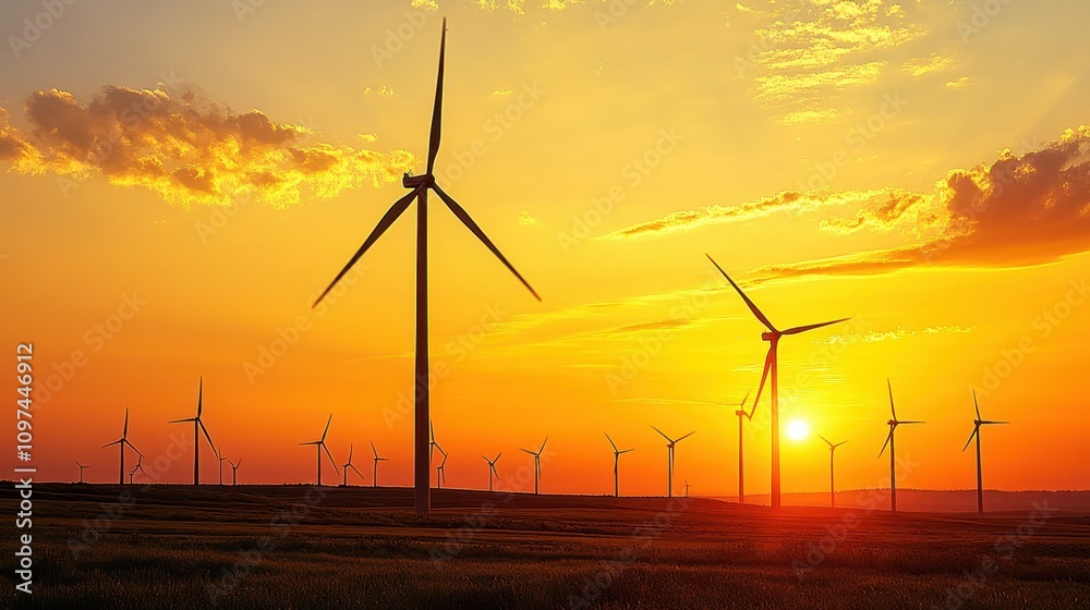 Obraz premium Breathtaking Sunset Silhouette of Wind Turbines in a Golden Field - Renewable Energy Landscape