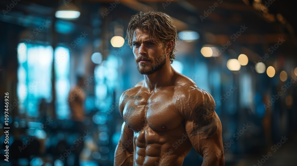 Muscular man lifting weights in a gym, intense workout, focused expression, athleticism, gym equipment Muscular man lifting weights in a gym, intense workout, focused expression, athleticism, gym equipment