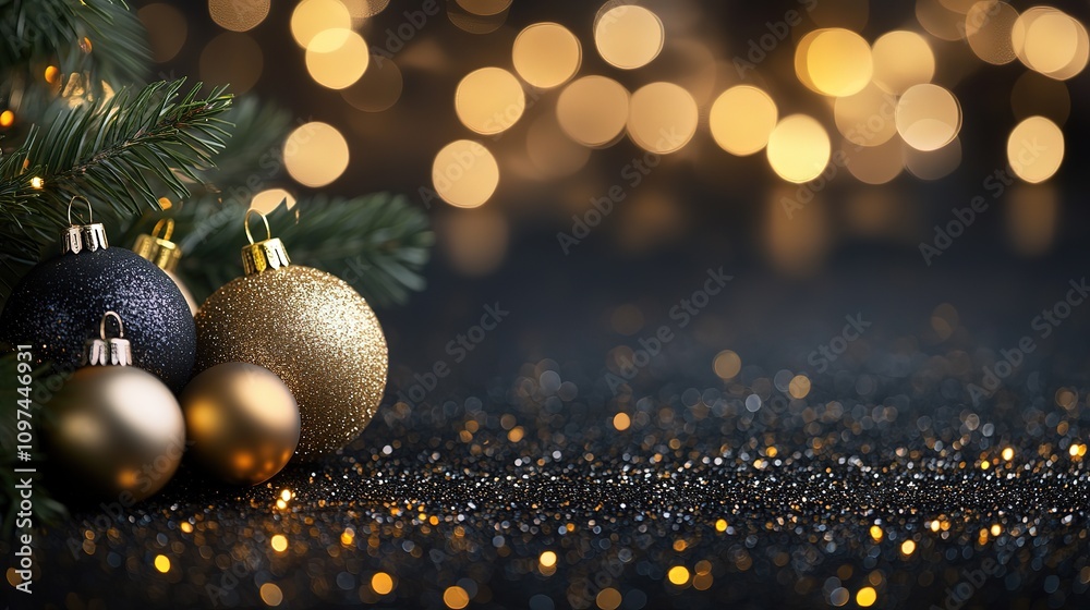 Fototapeta premium Elegant gold and black Christmas ornaments on sparkly surface with bokeh lights.
