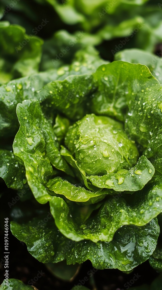 Close-up of Fresh Green Lettuce with Dew Drops Close-up of Fresh Green Lettuce with Dew Drops