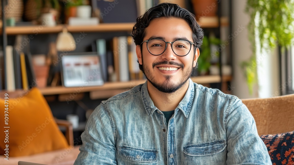 Smiling Young Man in Casual Attire at Home Office with Cozy Decor Smiling Young Man in Casual Attire at Home Office with Cozy Decor