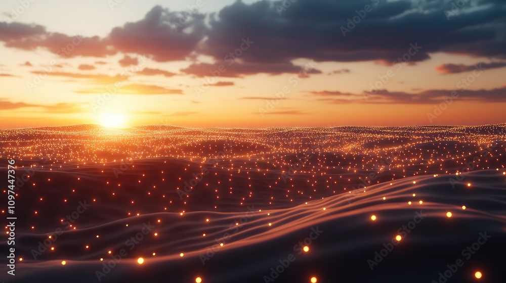 Sunset over a desert landscape with data points glowing softly in the sand, adding mystery to the scene Sunset over a desert landscape with data points glowing softly in the sand, adding mystery to the scene