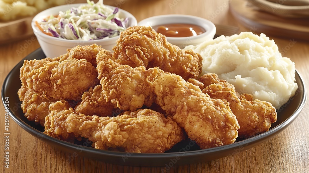 Crispy fried chicken tenders served with mashed potatoes, coleslaw, and dipping sauce. Crispy fried chicken tenders served with mashed potatoes, coleslaw, and dipping sauce.