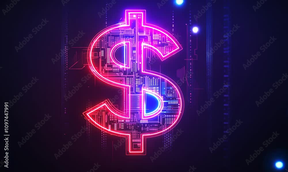 Glowing neon dollar sign symbol on a dark background.