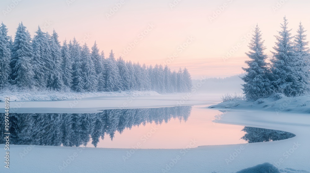 Serene Winter Sunrise Snow-Covered Pine Forest Reflecting in a Frozen Lake - Pastel Pink and Blue Hues