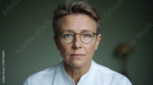 Mental Health and Wellness Concept, A serious-looking middle-aged person with glasses, wearing a white shirt, against a soft green background.