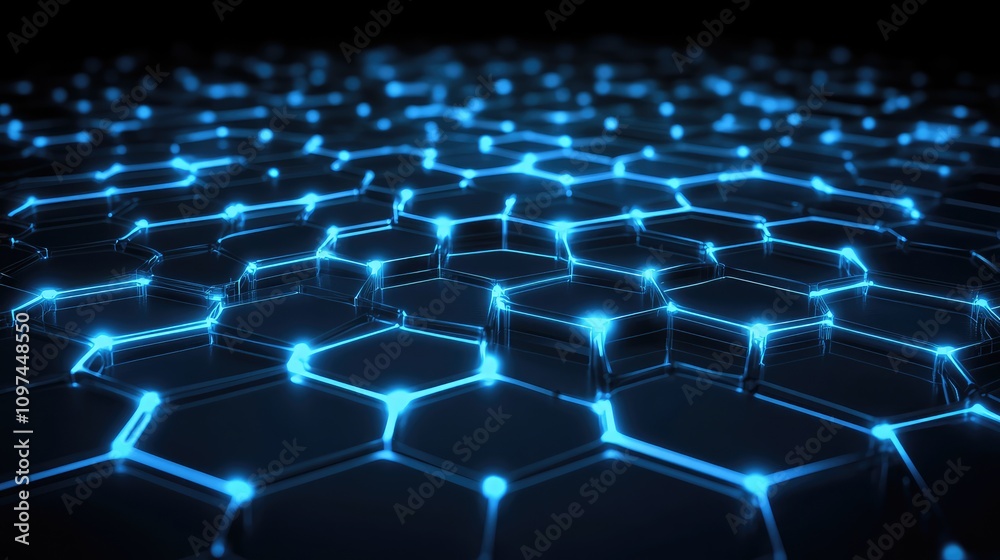Technological hexagonal network with dynamic light pulses moving along the grid lines, over a dark background Technological hexagonal network with dynamic light pulses moving along the grid lines, over a dark background