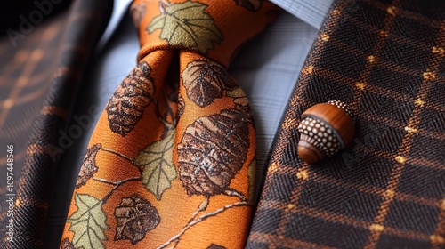 Close-up of a Brown and Orange Suit with an Acorn Pin and Patterned Tie photo